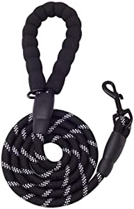 6-Foot Reflective Rope Dog Leash with Padded Handle – Black