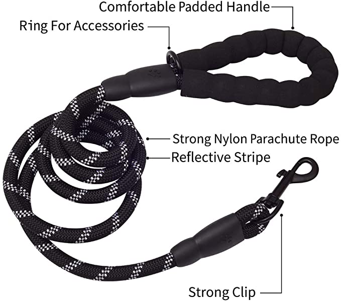 6-Foot Reflective Rope Dog Leash with Padded Handle – Black