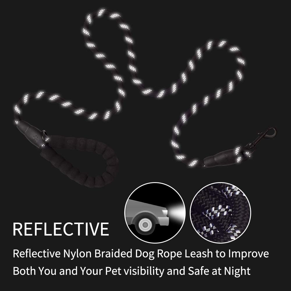 6-Foot Reflective Rope Dog Leash with Padded Handle – Black