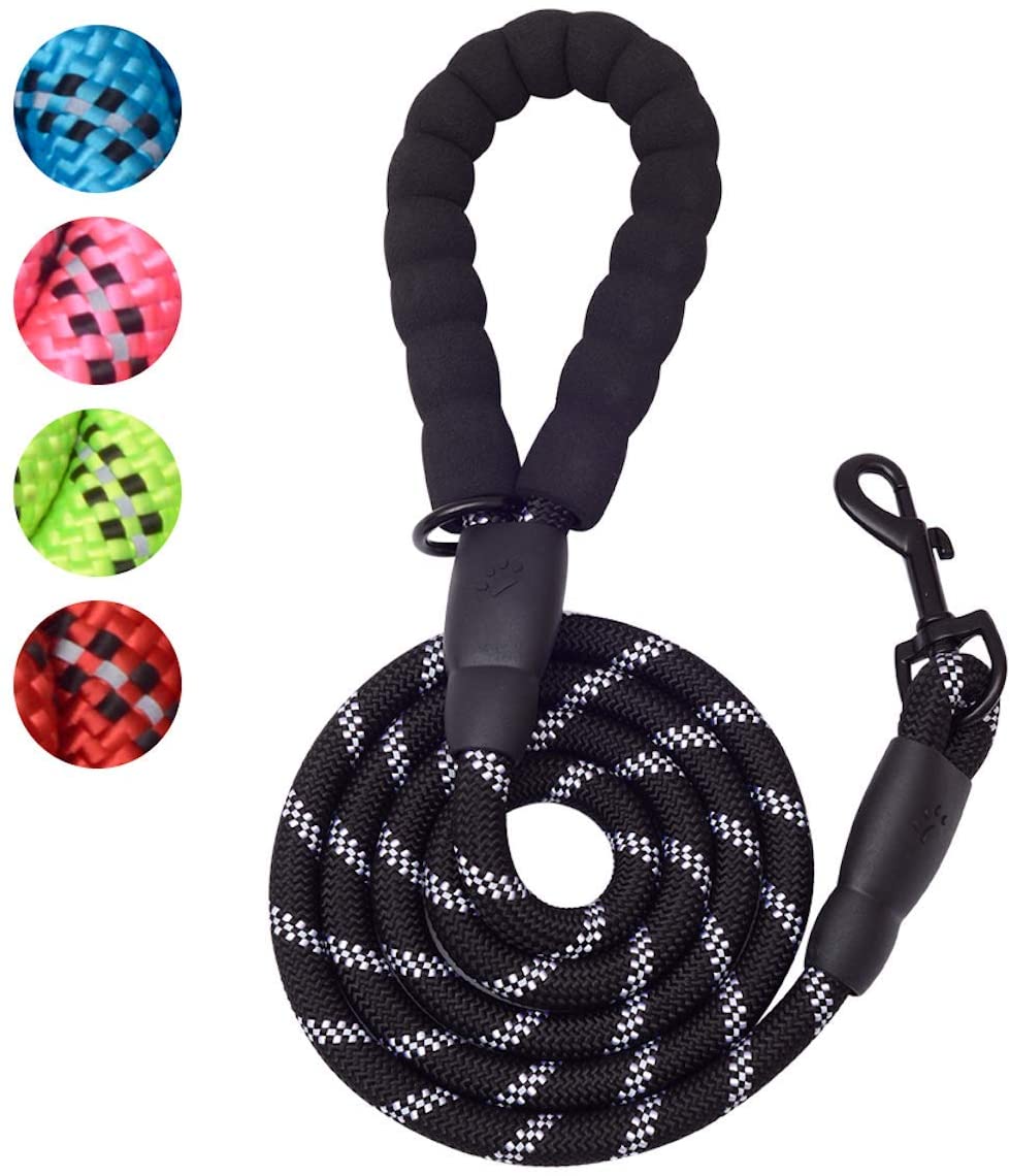 6-Foot Reflective Rope Dog Leash with Padded Handle – Black