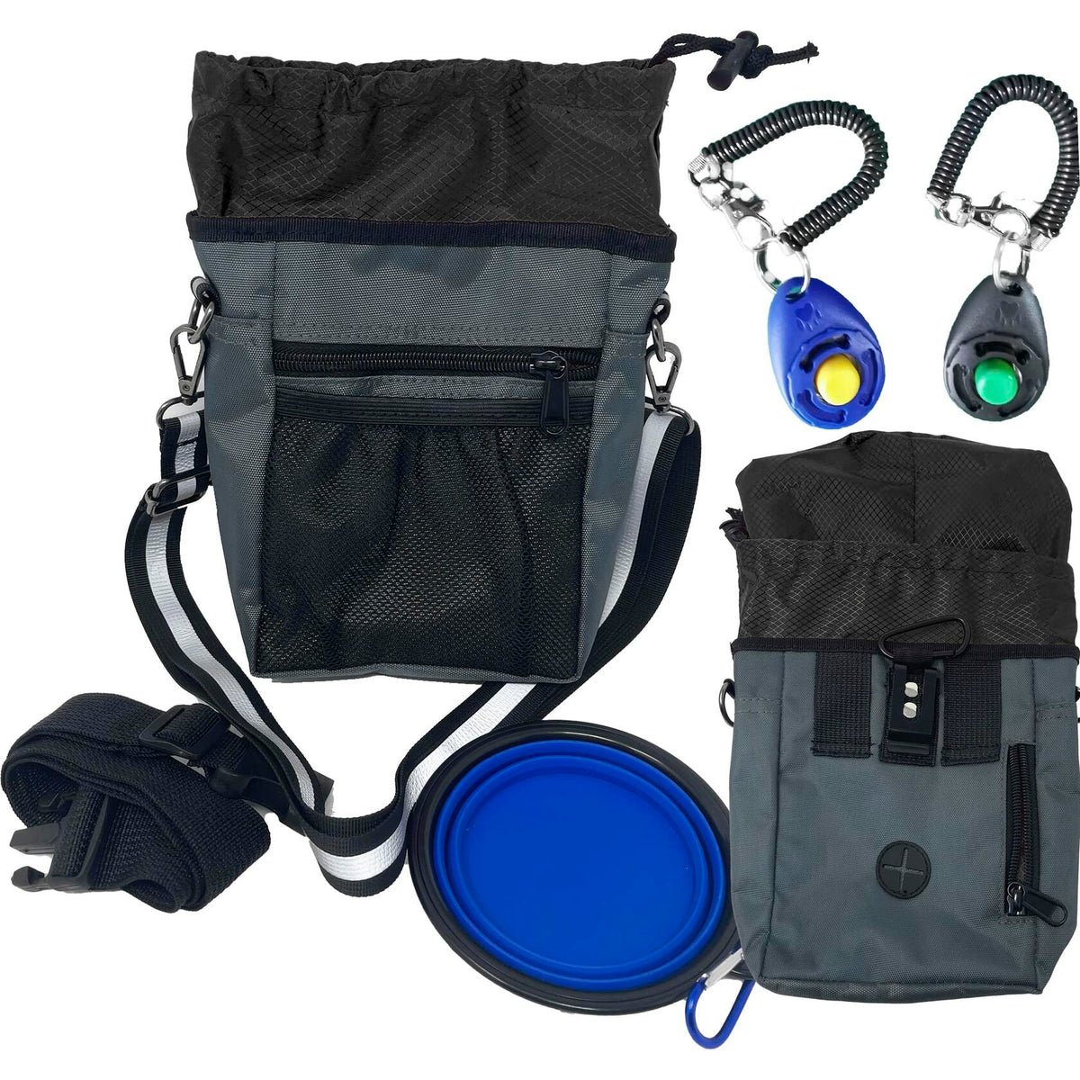 Jalousie Dog Training Pouch with Clicker & Water Bowl 5 Ways to Wear Grey